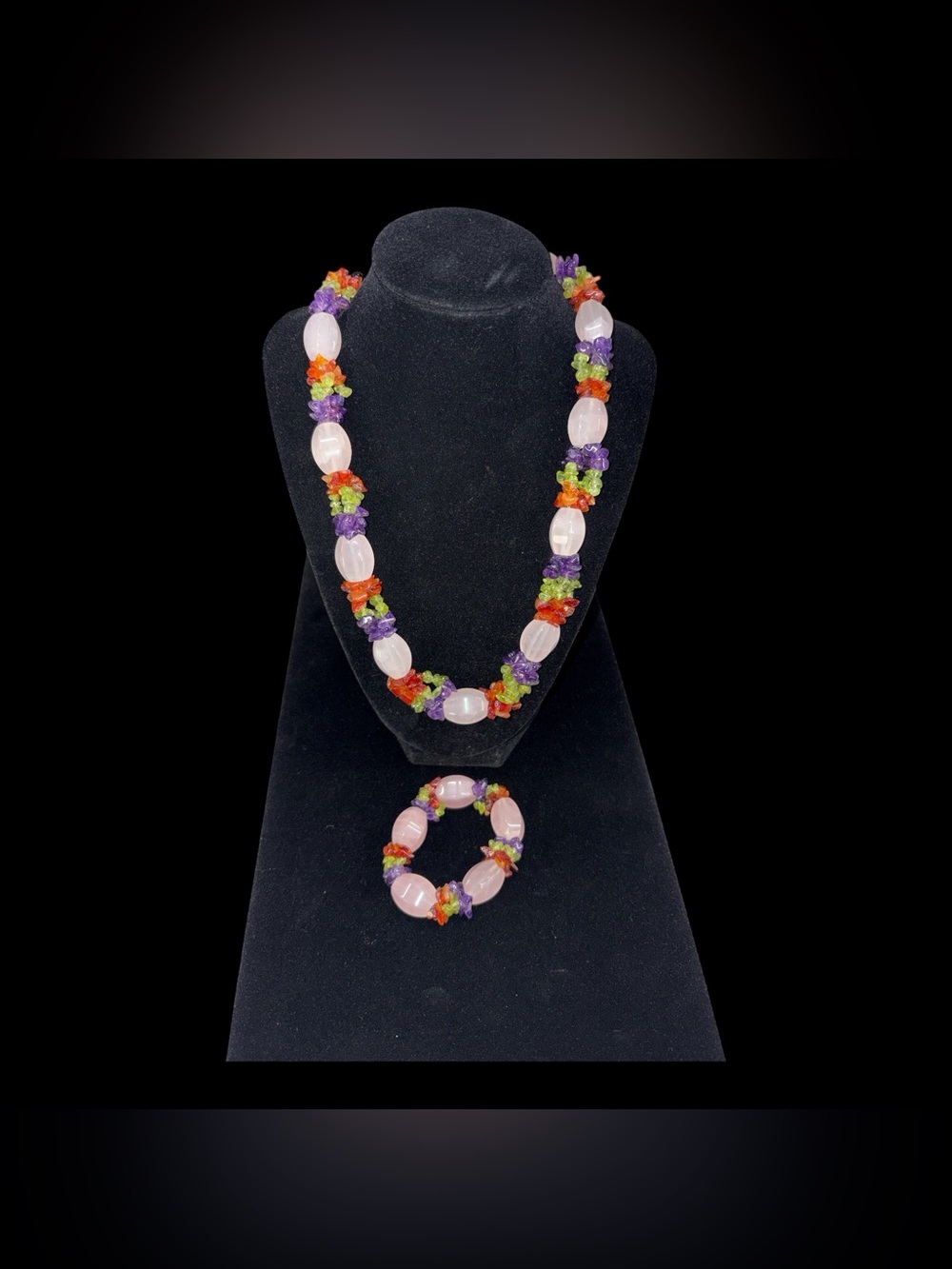 New Ross Simons Rose Quartz & Carnelian Peridot 20" Necklace & Bracelet Set